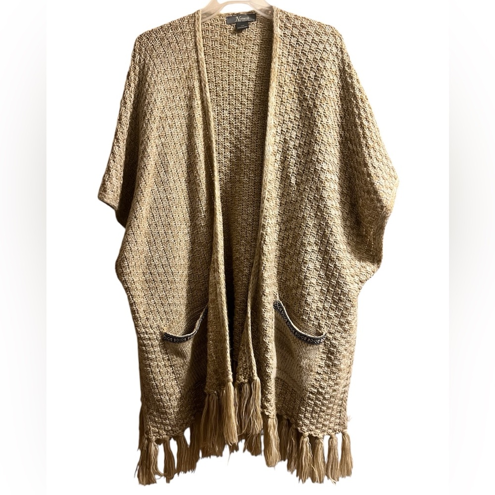 Natural Long Woven Knit Western Fringe Sweater Cardigan in Tan Women’s S/M